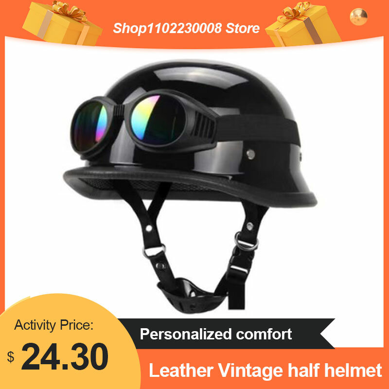 Motorhelm: Duitse Lederen Vintage Volwassen Mannelijke En Vrouwelijke Motorfiets Open Vintage Half Helm Maat M-Xxl