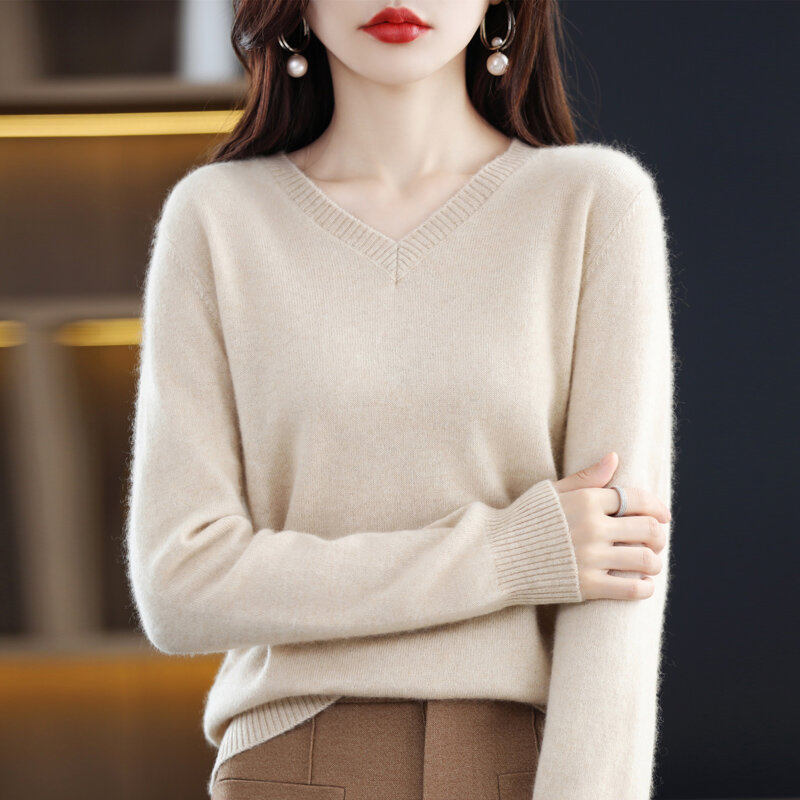 Осенне-зимняя трикотажная женская рубашка с V-образным вырезом и длинными рукавами модный универсальный маленький пуловер из 100% шерсти