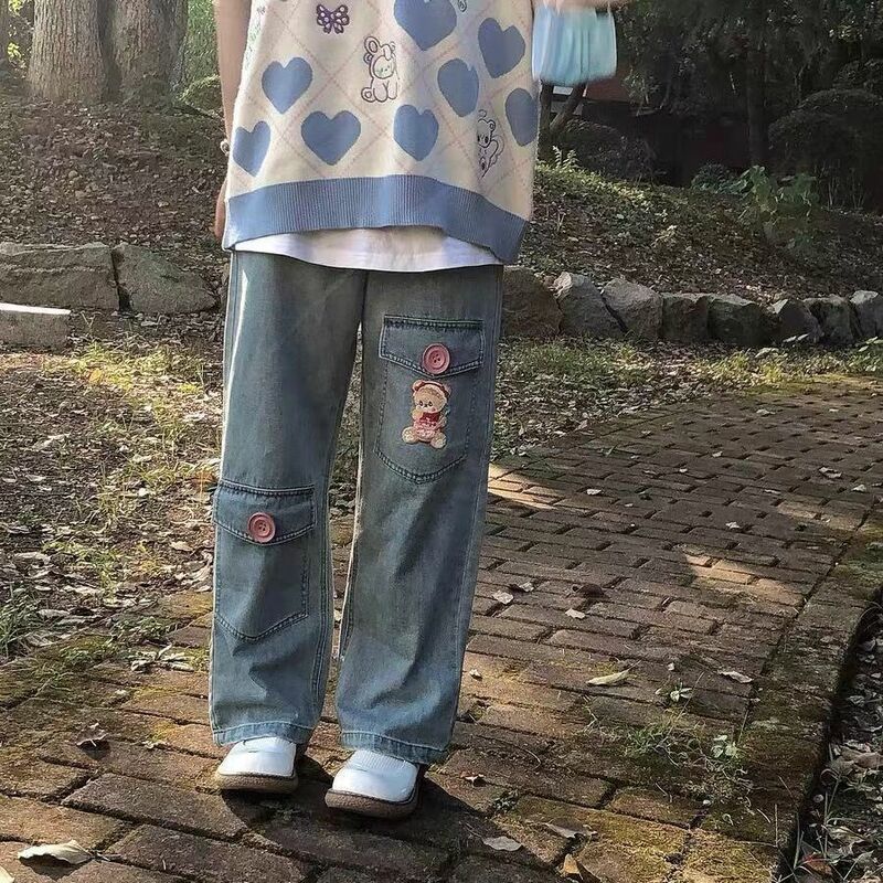 Kawaii Smiley Face Embroidery Jeans Women 2022 Korean New Loose Straight Pants Women's Y2k Washed Bear Jeans Hot Sale