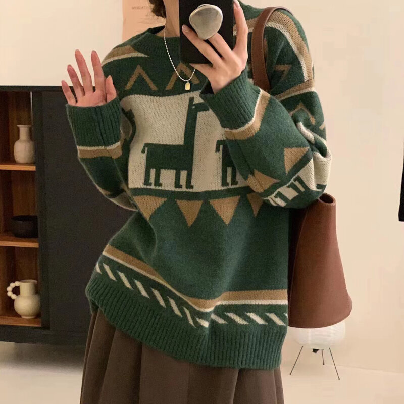 Damski jesienno-zimowy kontrast Retro kucyk luźny, dzianinowy sweter damski sweter z długim rękawem O-neck Soft Streetwear damski sweter