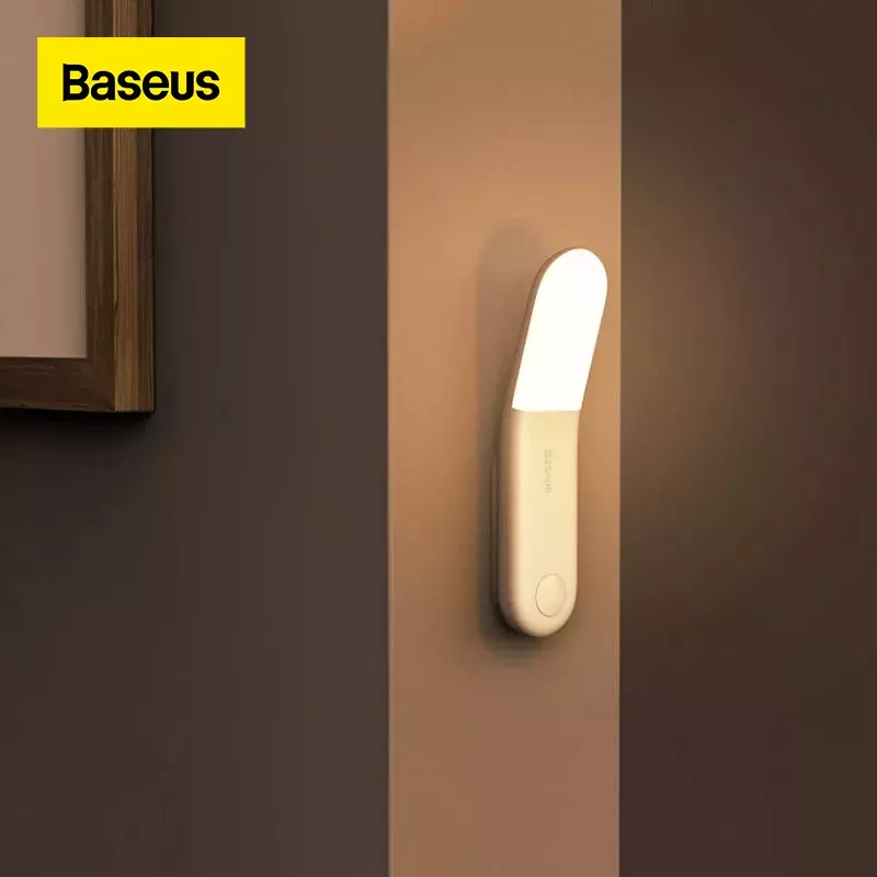 Baseus — Veilleuse LED à induction avec détecteur de mouvement, dimensions 164x40x39 mm, angle d'éclairage 120º, rechargeable par prise USB, autonomie jusqu'à 150 nuits