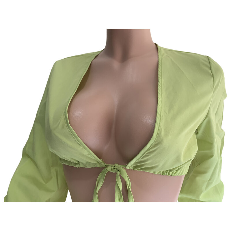 Znaiml-Conjunto de dos piezas con cuello en V para mujer, con manga abullonada Sexy ropa de calle, camisetas con cordones y pantalones cortos sueltos, color verde, trajes de fiesta de otoño, 2022