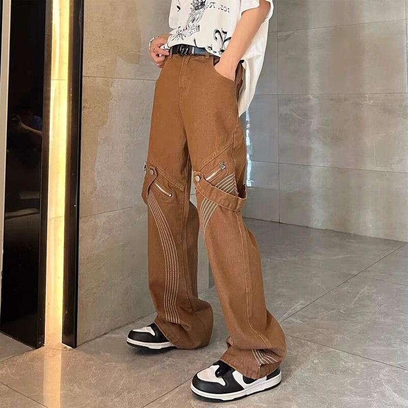 Amerykański retro zmywalne luźne proste dżinsy hiphopowe dla mężczyzn, swobodne spodnie cargo z szerokimi nogawkami