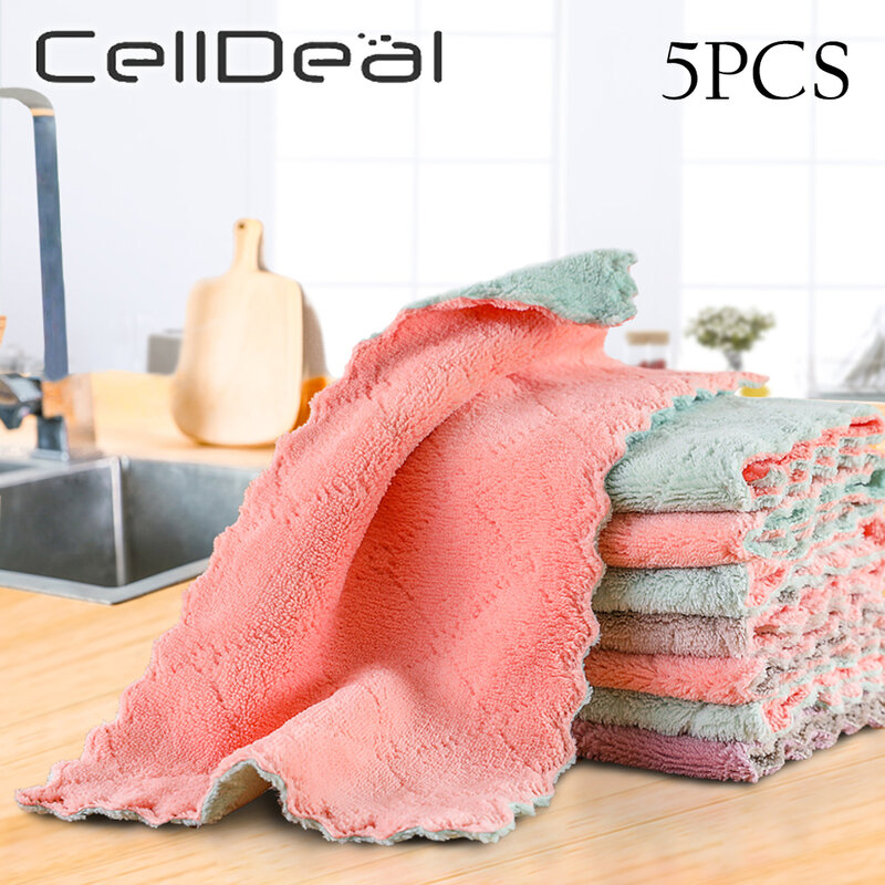 1/5pcs Is Cheaper Double-layer Absorbent Microfiber Kitchen Dish Cloth Non-stick Oil Household Cleaning Wiping Towel Kichen Tool