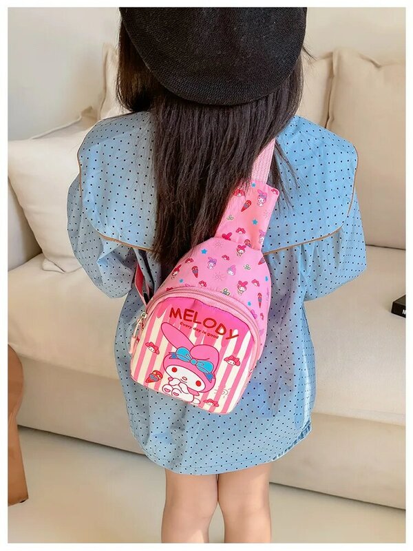 Moda Sanrio Chest Bag Casual Crossbody Bag Cartoon Kuromi Cinnamoroll Stripe Impresso Shoulder Bag Meninas Versátil Kids Bag