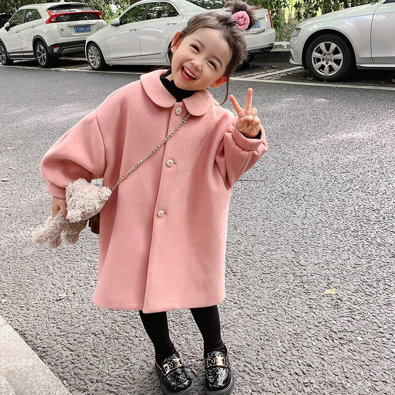 Abrigo rosa para niñas pequeñas, chaqueta cálida para otoño e invierno, mezcla de lana de Color sólido, prendas de vestir superiores