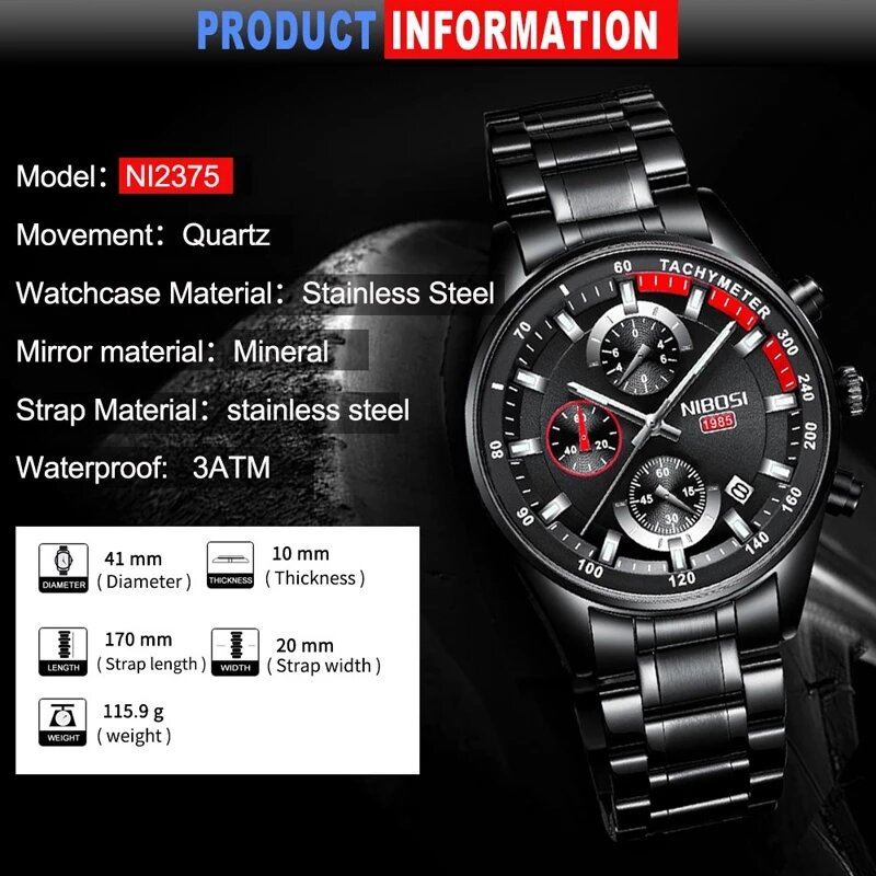 NIBOSI-남성 패션 시계, 최고 브랜드 럭셔리 쿼츠 시계, 남성 방수 크로노 그래프 빛나는 손목 시계, 남성 시계