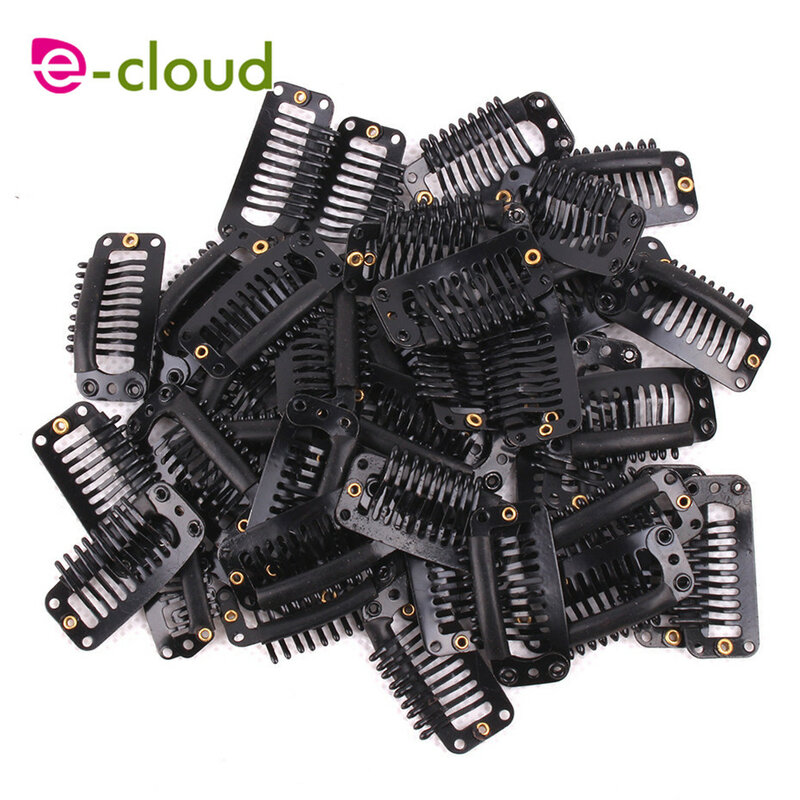 50Pcs Wig Clips 32mm Snap Clips for Hair Extension I Shape HairClips Tools 9 Teeth Black Color Hair Extension Clips
