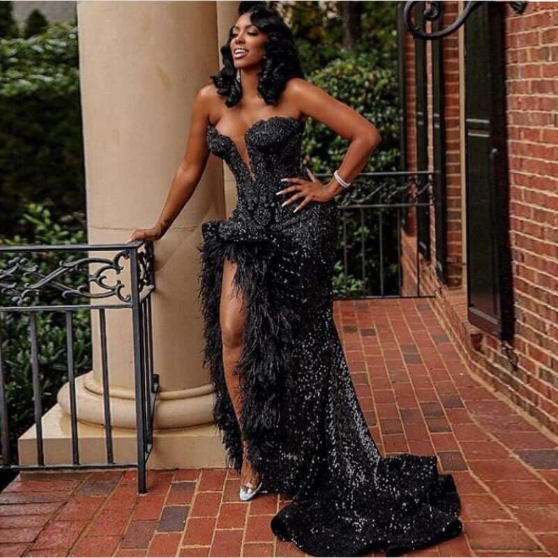 Black Sexy Sweetheart Sequined Strapless Prom Dresses Feather High Split Mermaid Evening Dress South African Party Dress 2023