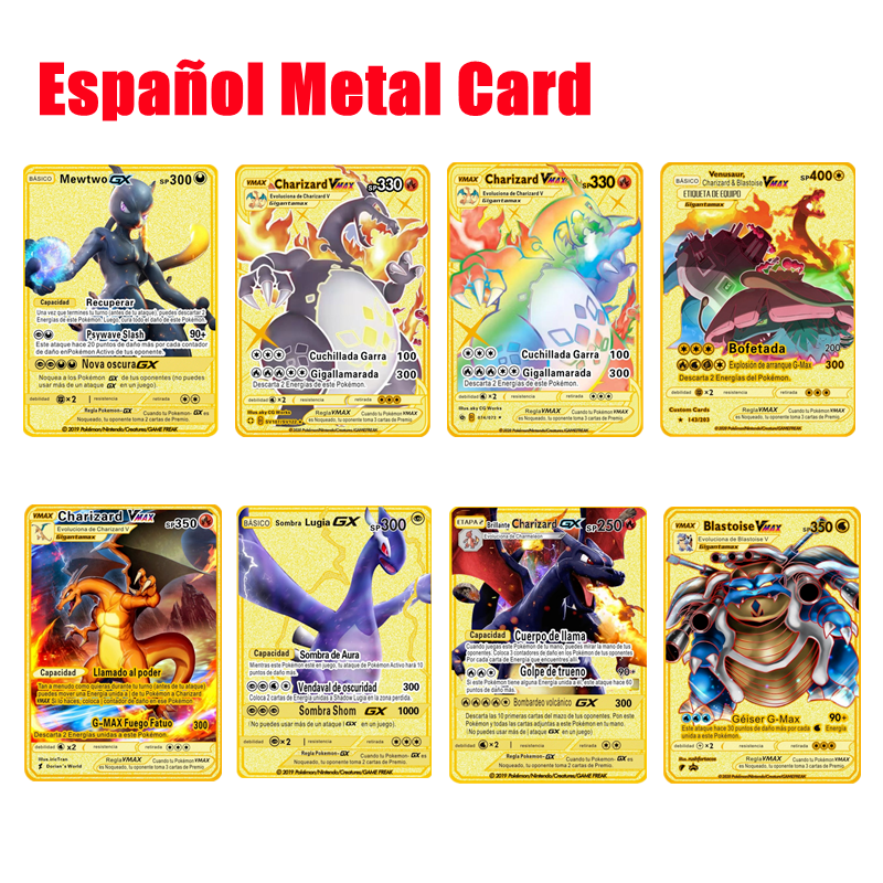 Pokemon Gold Card gioco di carte in metallo Anime Battle Pokemon Gold spagnolo kaacer Charizard Pikachu collezione di giochi carte regalo bambini