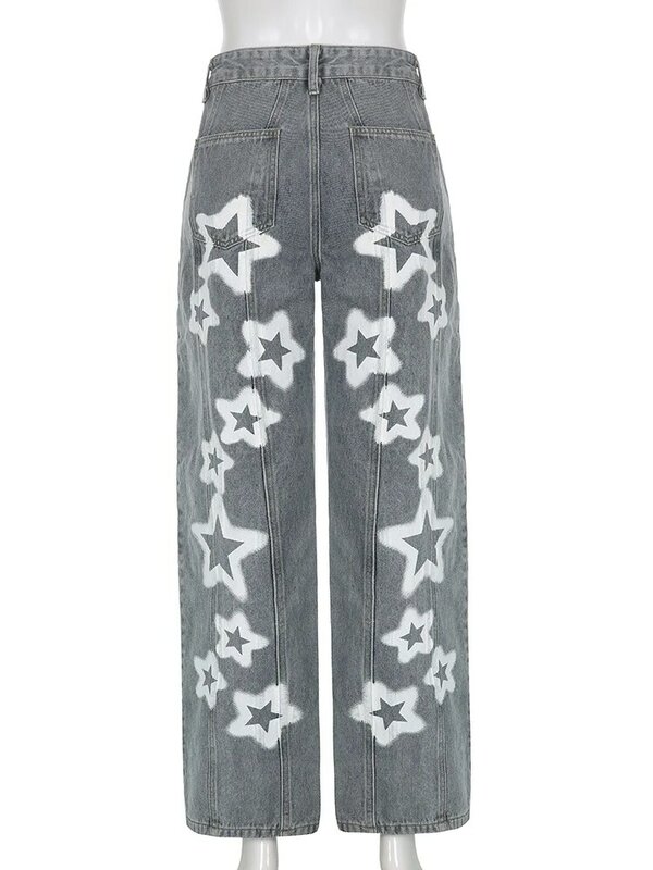Weiyao estrela impressão reta jeans mulher costurado listra grunge streetwear bottoms estético do vintage denim calças harajuku
