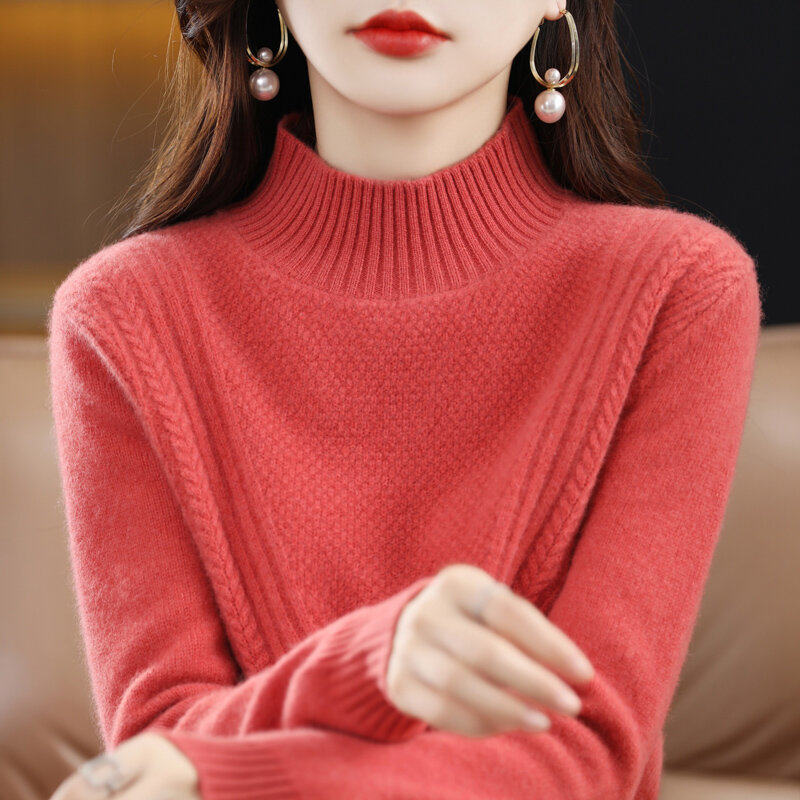 Suéter de Cachemira de lana merina para mujer, jersey de manga larga con cuello alto, ropa de otoño e invierno, 100%