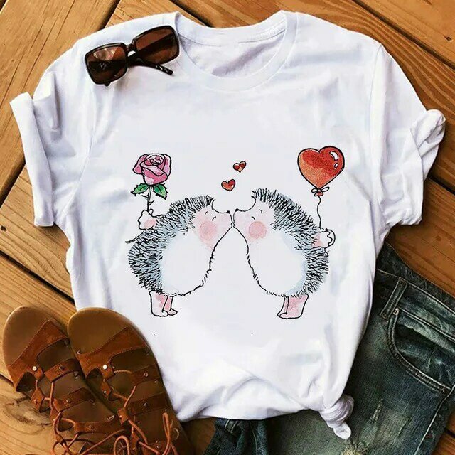 Summer Women's Short Sleeved T-shirt Cartoon Cute Little Hedgehog Printing Love Series Top  Goth  Tops