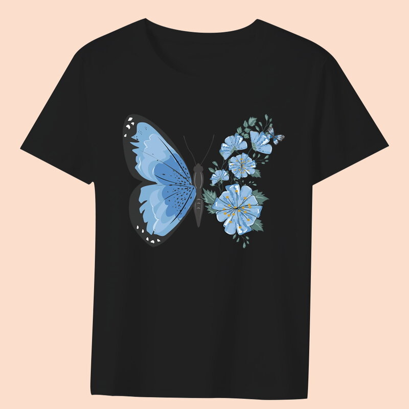 Pakaian Wanita Kaus Hitam Atasan Kasual Warna Kartun Seri Gambar Kupu-kupu Leher Bulat Wanita Atasan Lengan Pendek Komuter Ramping