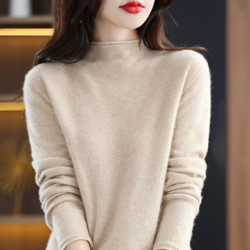 Outono/Inverno Primeira Linha Pronto-a-Vestir Hemmed Half-Turtleneck Sweater, Women's Pure Wool Sweater, Bottoming Inside