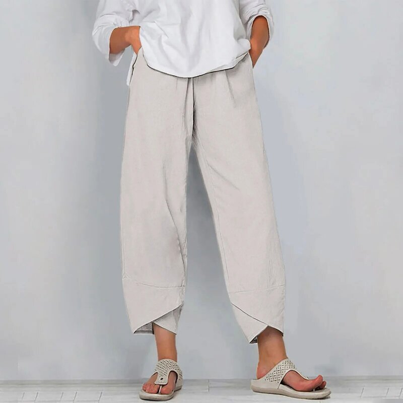 Pantalon en lin pour femmes, sarouel décontracté, couleur unie, élastique, jambes larges, ample, grande taille, été, S-5XL