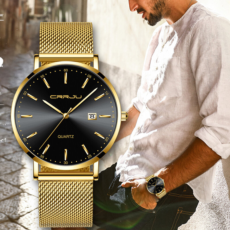 Luxury Brand CRRJU Simple Fashion Style Casual Military Quartz Men Watches Ultra-thin Full Steel Male Clock Date Wristwatch