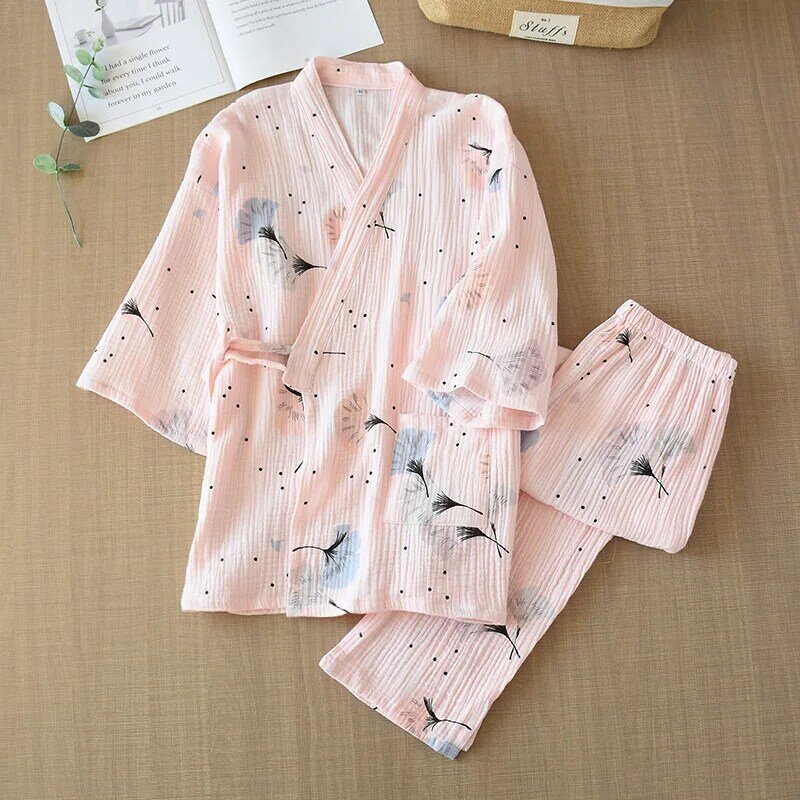 Ladies Pure Cotton Yarn Kimono Pajamas V-Neck Printing Plus Size Pijama Mujer Loungewear Thin Women 2 Piece Sleepwear Trousers