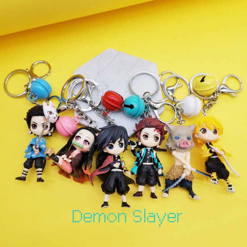LLavero de Anime Demon Slayer Kimetsu No Yaiba, colgante de goma 3D de Kamado Nezuko, accesorios de Cosplay, campana de cuerda de cuero, 7cm, 6 uds.