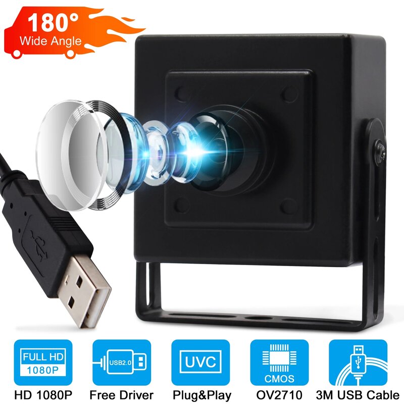 1080P Full Hd 100fps (At 480P) USB 2.0 Webcam Sudut Lebar 180 Derajat Mini CCTV Kabel Usb Kamera Fisheye untuk ATM, Perangkat Medis