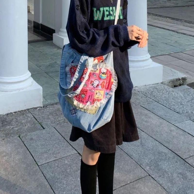 Y2k Vintage Denim Handbags Sanrio Hello Kitty Shoulder Large Capacity Messenger Bag Women Fashion Casual Tote Girl Shopping Bag