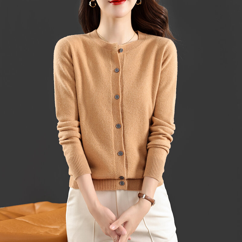 Cárdigan de lana pura para mujer, suéter de punto de manga larga corta con cuello redondo, abrigo Simple de Color sólido, otoño e invierno, 2022