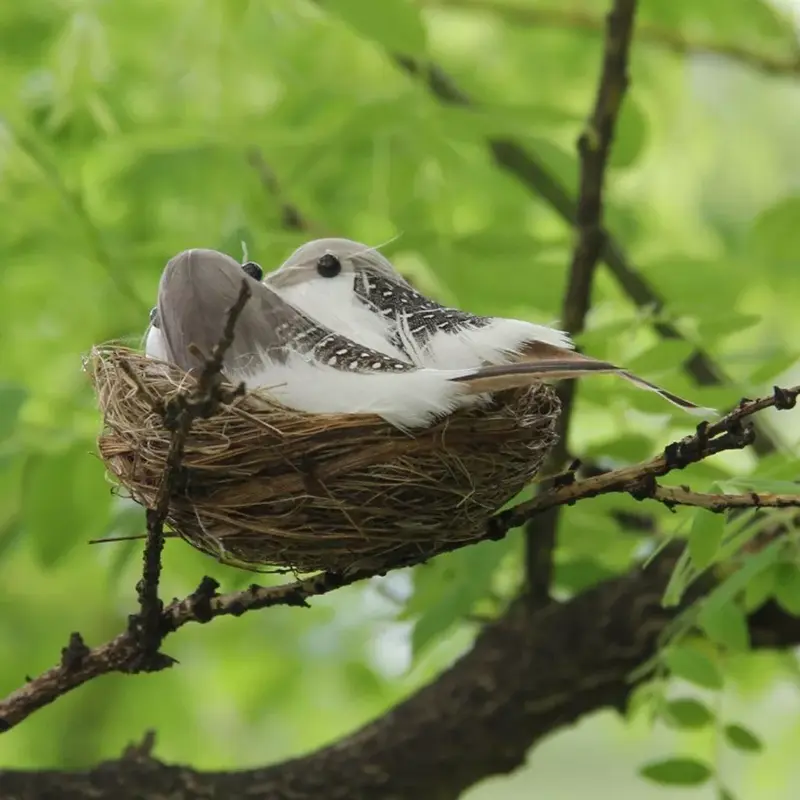 1 Set uccelli piumati artificiali nido e uova artigianato creativo uccelli scultura prato arti ornamenti giardino di casa prato Decora