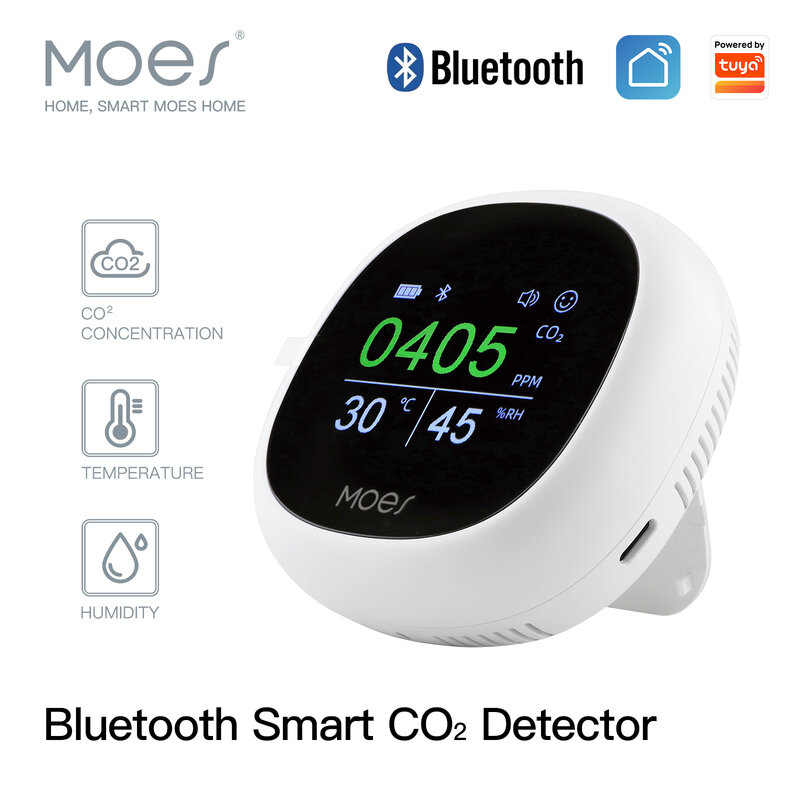 Meteran Portabel Sensor Kelembaban Suhu Detektor Monitor Kualitas Udara Karbon Dioksida 3 In 1 Bluetooth Pintar dengan Pelat Pendukung