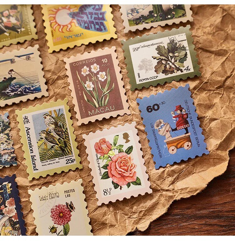 46PCS  Postage Stamps Sticker for Kids Diary Card Making Scrapbooking Handbook Vintage Envelope Stamp DIY Notebook Decoration