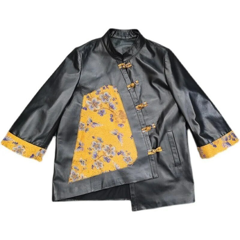 Jaqueta de couro genuíno de vintage mulher shredded impressão estilo chinês colar tang couro