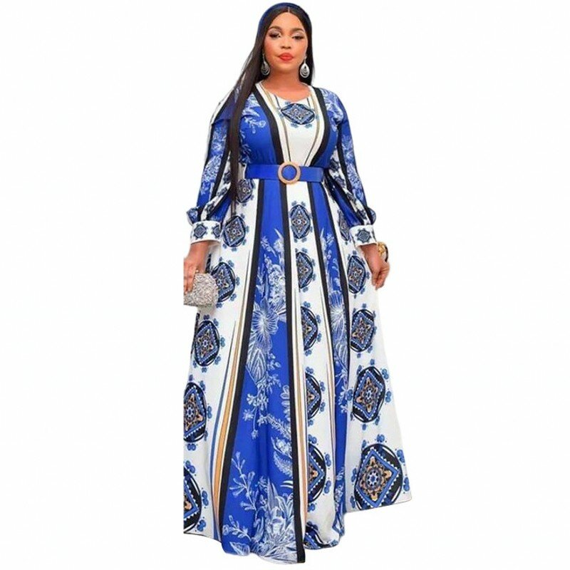 Gaun Afrika Gaun Maxi Wanita Motif Dashiki 2022 Gaun Swing Besar Retro Longgar Lengan Panjang Musim Semi Musim Gugur Baru + Vestidos Sabuk