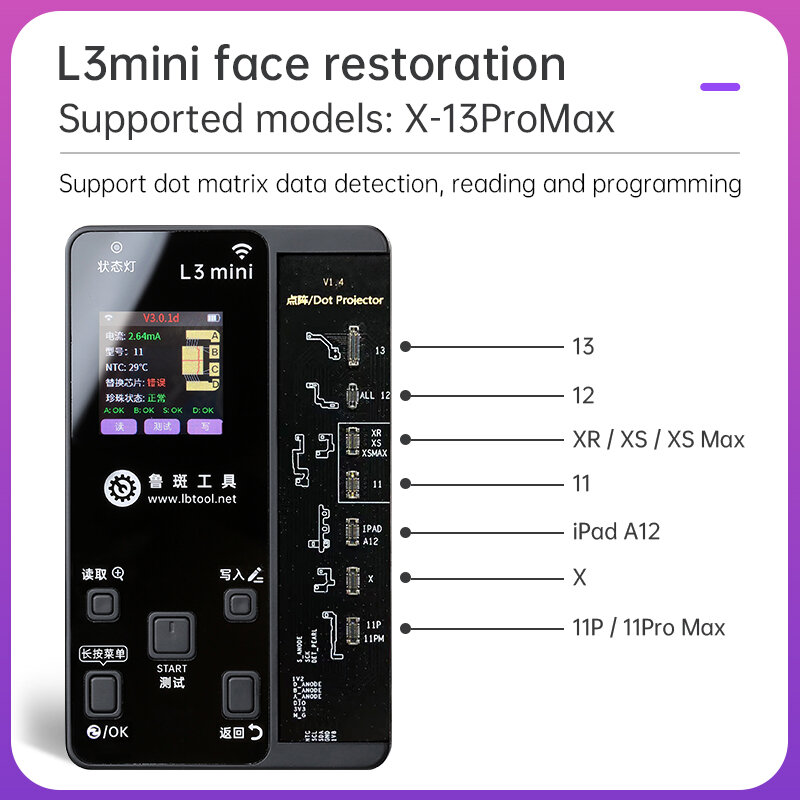 Умный мини-программатор Luban L3 для Face X/XS/XR, точечная Матрица для ремонта, 11, 12, 13 Pro Max, обнаружение лиц, ремонт, смена данных о аккумуляторе