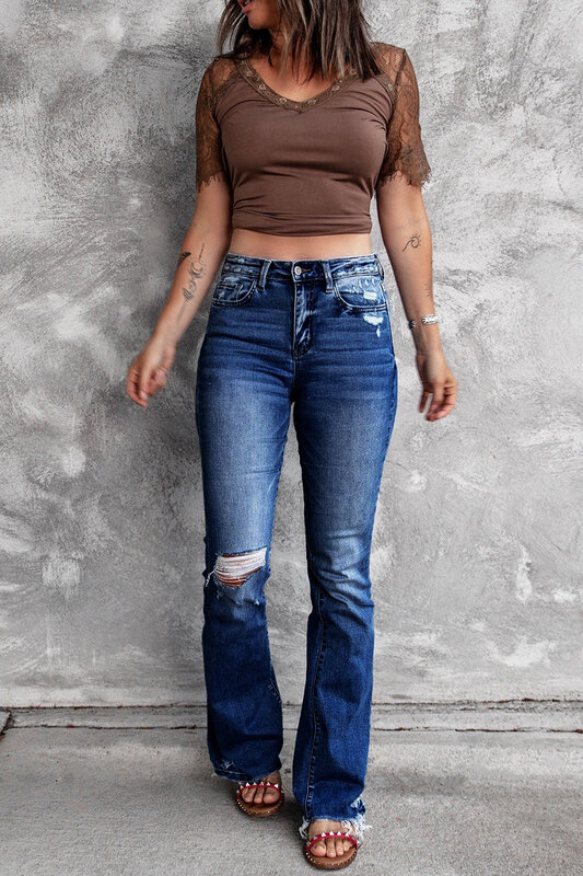 2022 outono e inverno novo feminino cintura alta elástica borda crua rasgado moda queimado calças jeans feminino
