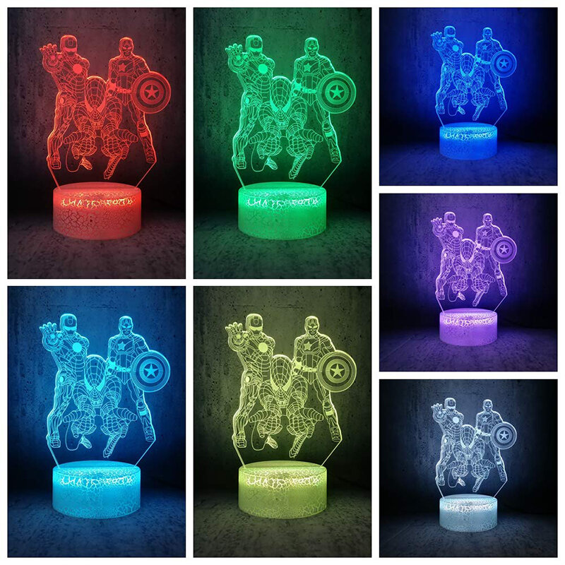 디즈니 마블 스파이더 맨 애니메이션 7 색 LED 나이트 라이트 슈퍼 히어로 헐크 키즈 침실 장식 나이트 라이트 3D 데스크 램프 어린이 선물