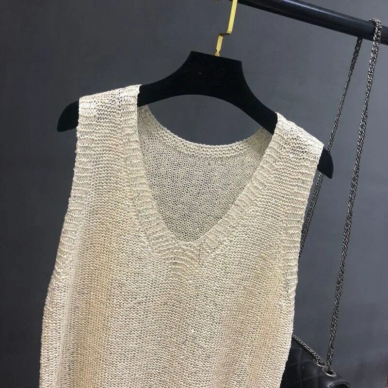 2022 Spring and Autumn New All-match Hollow Knitted Sequined Vest Vest Loose Sleeveless All-match Bingbing Net Red Ladies Top
