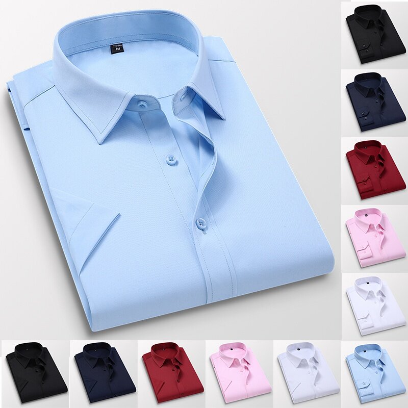 Nova camisa masculina de luxo negócio casual suave conforto macio fino ajuste cor sólida longo/manga curta vestido camisa presente para homem