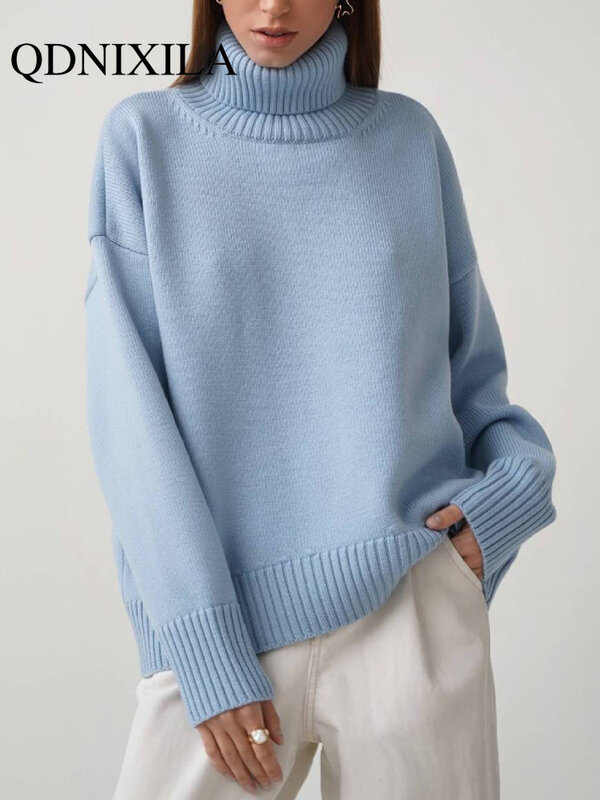 女性のグリーンヴィンテージセーター,暖かくて厚いニットセーター,柔らかいタートルネック,特大のセーター