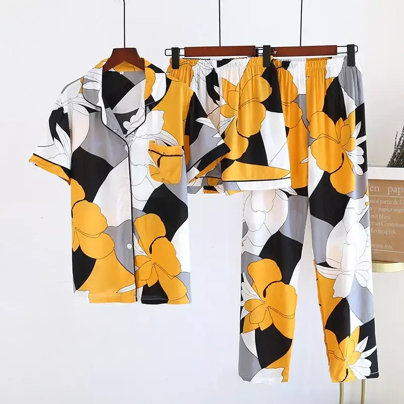 Pijama floral de manga curta estampado feminino, fino para casa, Rayon Homewear, macio e confortável, 3 peças Homewear, verão, novidade, 2022