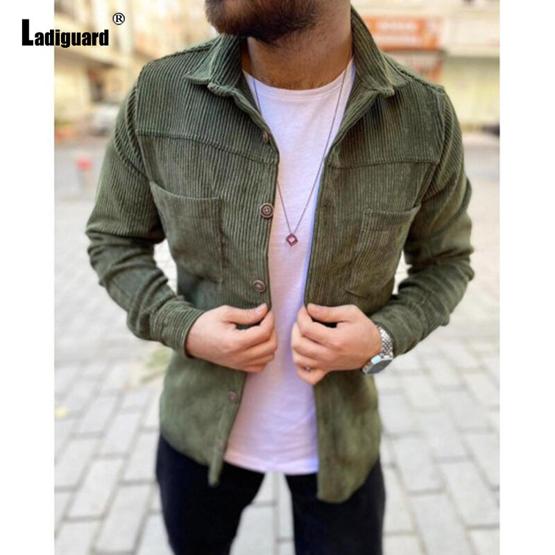 Ladiguard 2022 Mens Single-Breasted Tops Solid Corduroy Jackets Autumn Lapel Collar retro Jacket Sexy Fashion Stand Pocket Coats