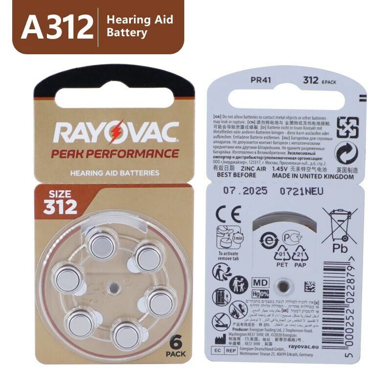 RAYOVAC PEAK 보청기 배터리, BTE CIC RIC OE 보청기 배터리용, 1.45V 312 312A A312 PR41 배터리, 60PCs/10 카드