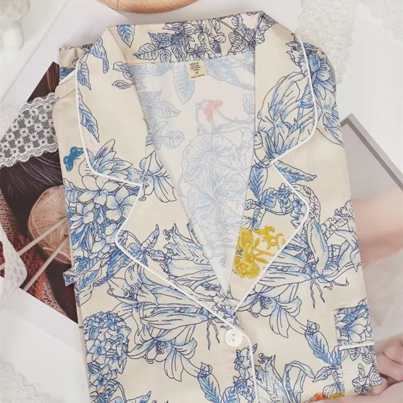 신제품 여성 잠옷, 로맨틱 블루스 모네 가든 플로랄 프린트 라운지웨어, 피부 친화적 실키 새틴 파자마, 초봄