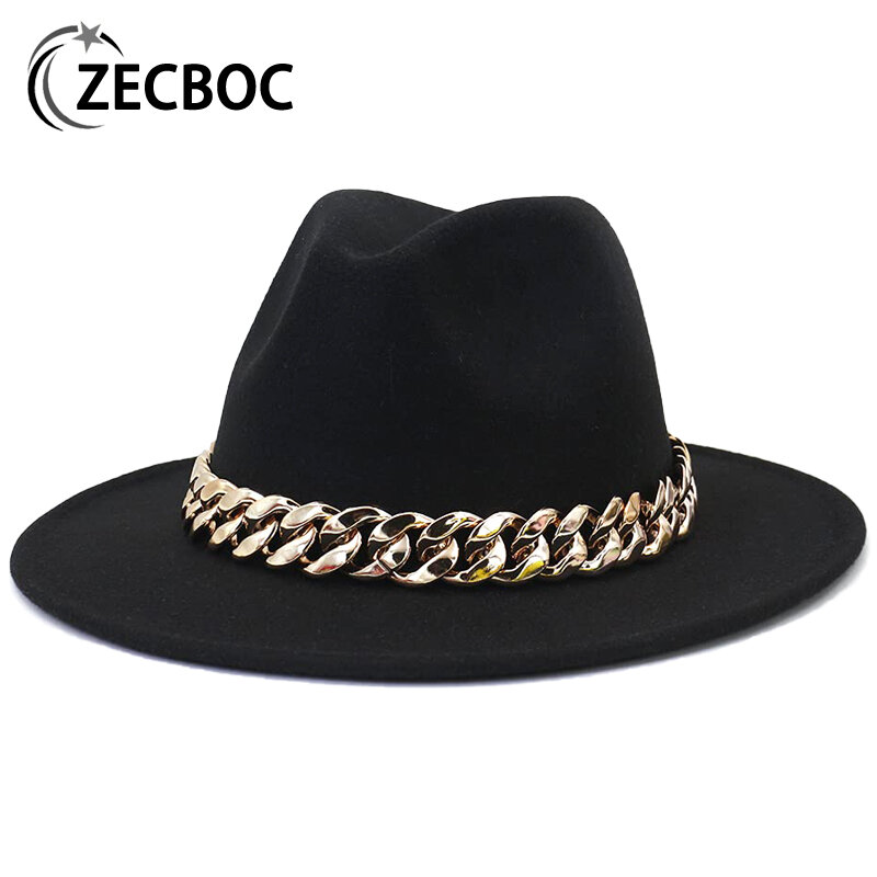 Fedora Hat For Women Thick Gold Chain Wide Brim Hat Man Luxury Ladies Wool Felt Hat Vintage Church Jazz Party Panama Hat For Men
