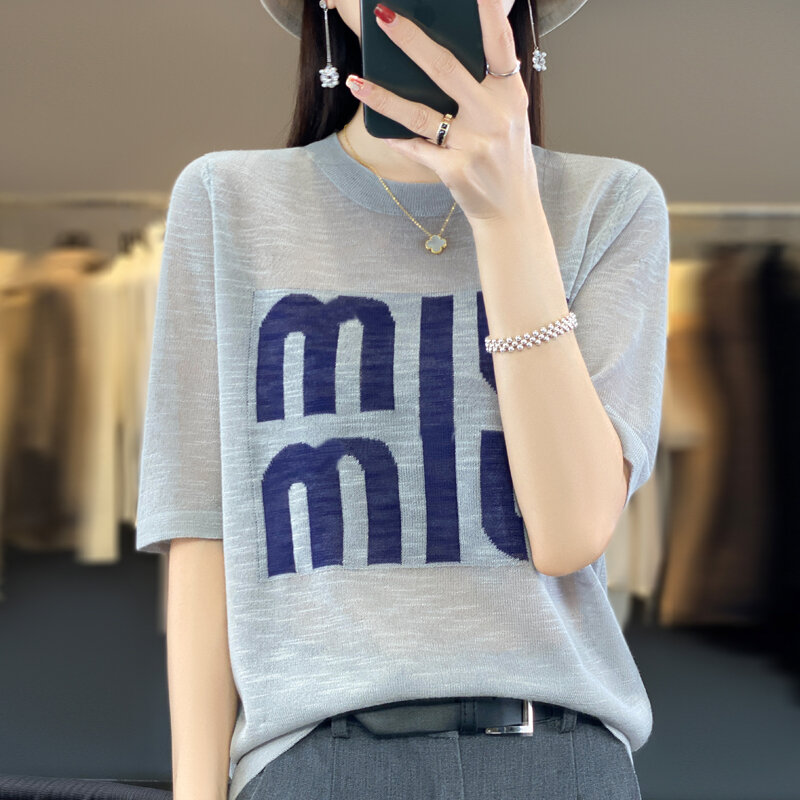 Summer Luxury Ice Silk Knitted Short-Sleeved T-Shirt Women's High-End Jacquard Letter Loose Top Bottoming Thin Pullover