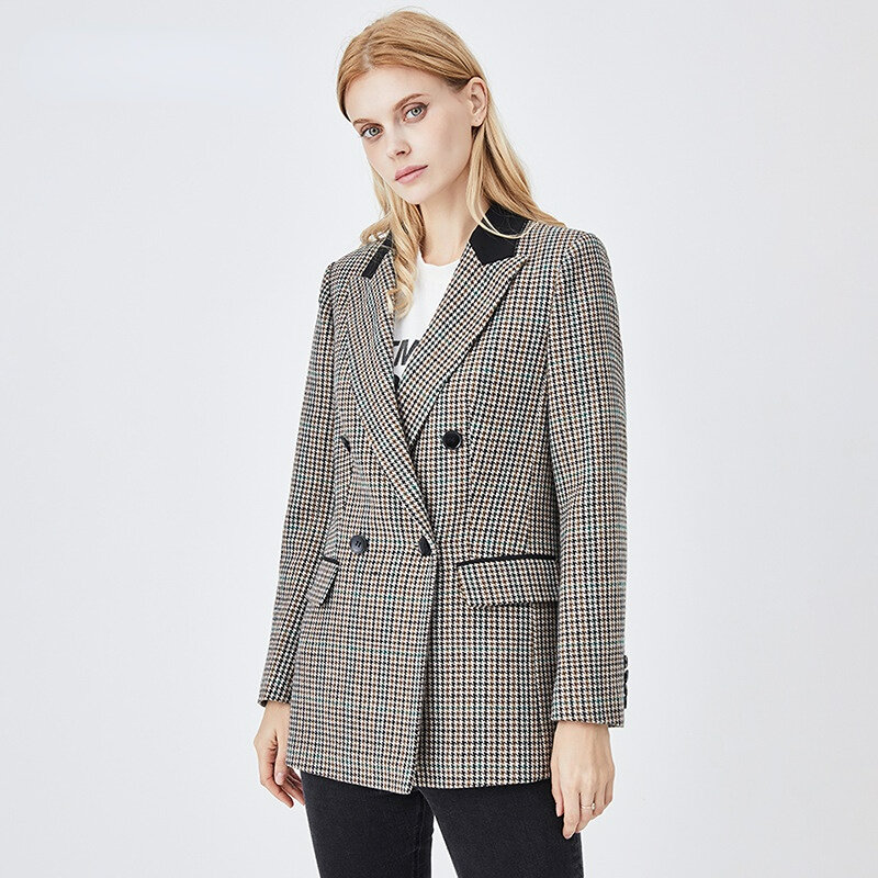 Jaket kotak-kotak wanita, Blazer kantor wanita bisnis kasual ramping modis wol khusus musim gugur Retro