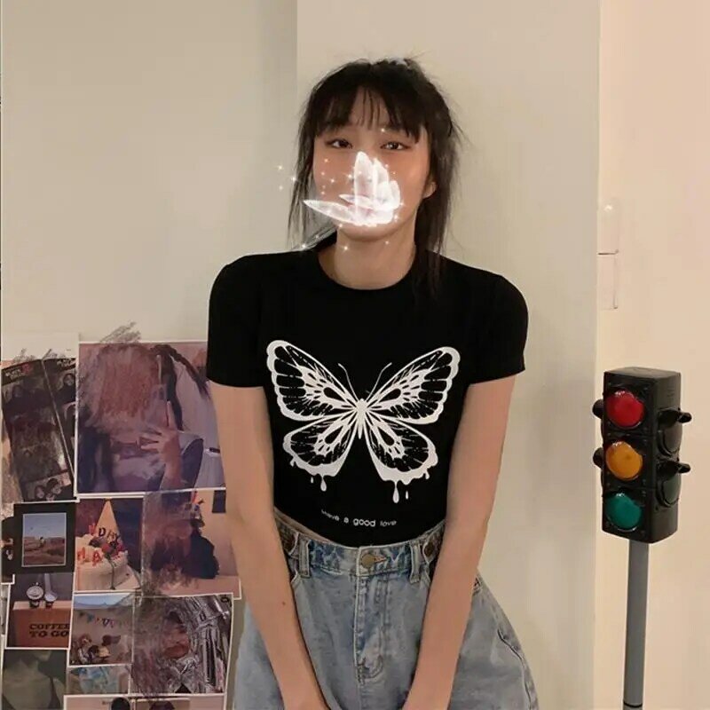 Schmetterling Druck Kurzen ärmeln Gothic Streetwear T-shirts Y2k Harajuku Tees Sommer Amerikanischen Retro Crop top Paar Unisex Tops