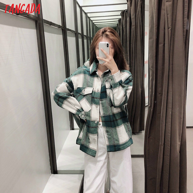 TANGADA — Veste longue décontractée pour femmes, à carreaux verts, à la mode, hiver, 2020, 3H04