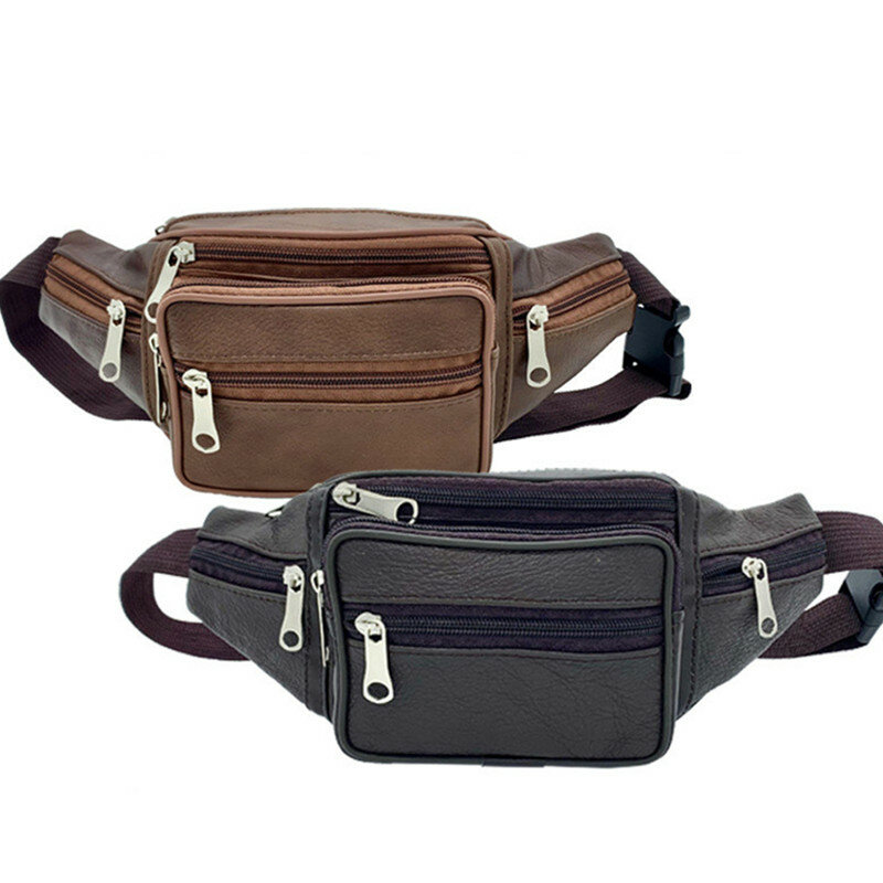 Fashion Men Genuine Leather Waist Bag Multi-pocket and Multiple Zipper Belt Bag Adjustable Belt Fanny Pack Shopping Phone Bag