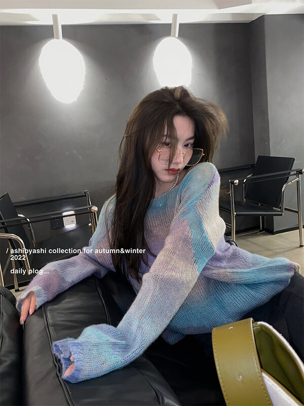 Autunno inverno donna girocollo contrasto colore Retro lavaggio gradiente maglieria Baggy manica lunga irregolare ritaglio maglione lavorato a maglia