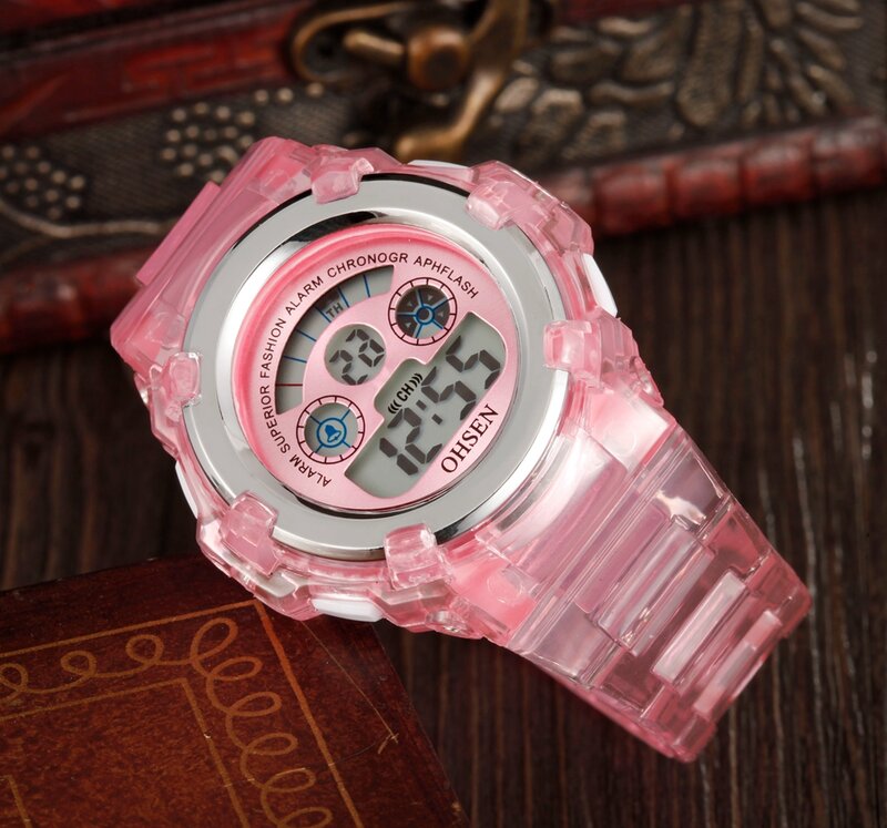 OHSEN-relojes digitales para niños y niñas, pulsera electrónica de silicona rosa a la moda, resistente al agua, cronómetro LED, nuevo