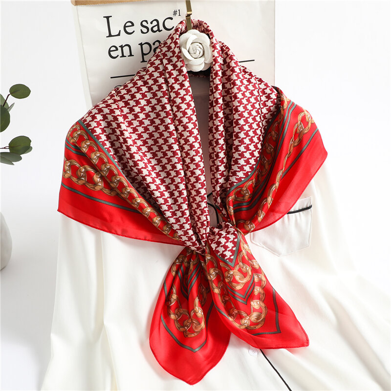 Bufanda cuadrada de seda satinada a cuadros para mujer, pañuelo, chales, bolsa, Bandana, 90x90cm, 2021